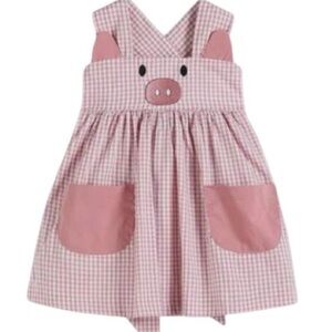 Pink Gingham Pig Pocket Pinafore Dress for Kids